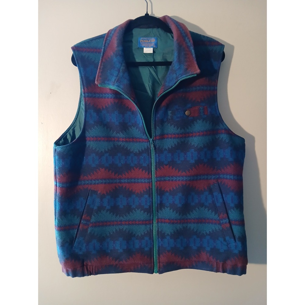 Pendleton Mens Wool Vest Aztec Pattern Full Zip Medium Blue Red Teal Insulated‎